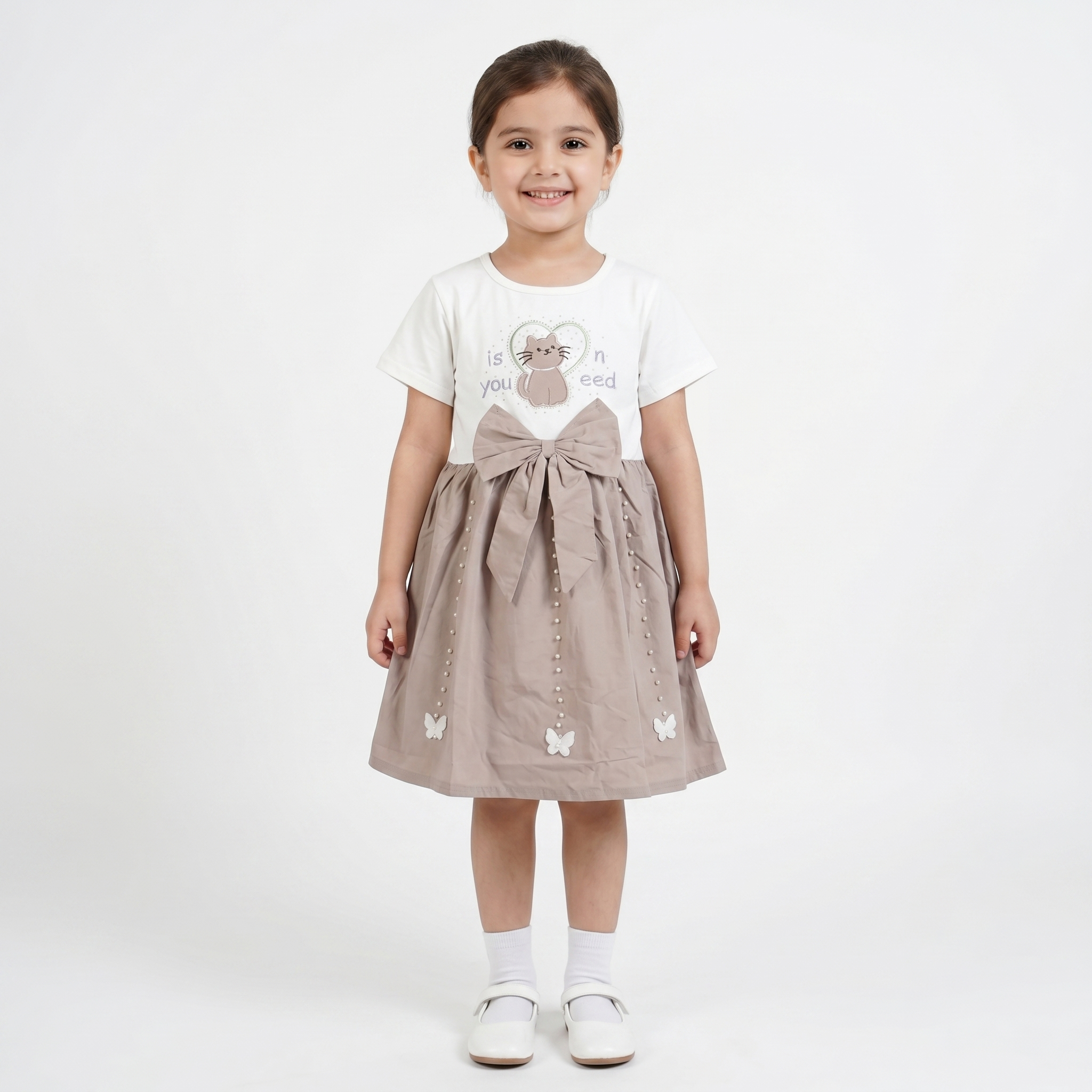 White & Khaki Girls Frock
