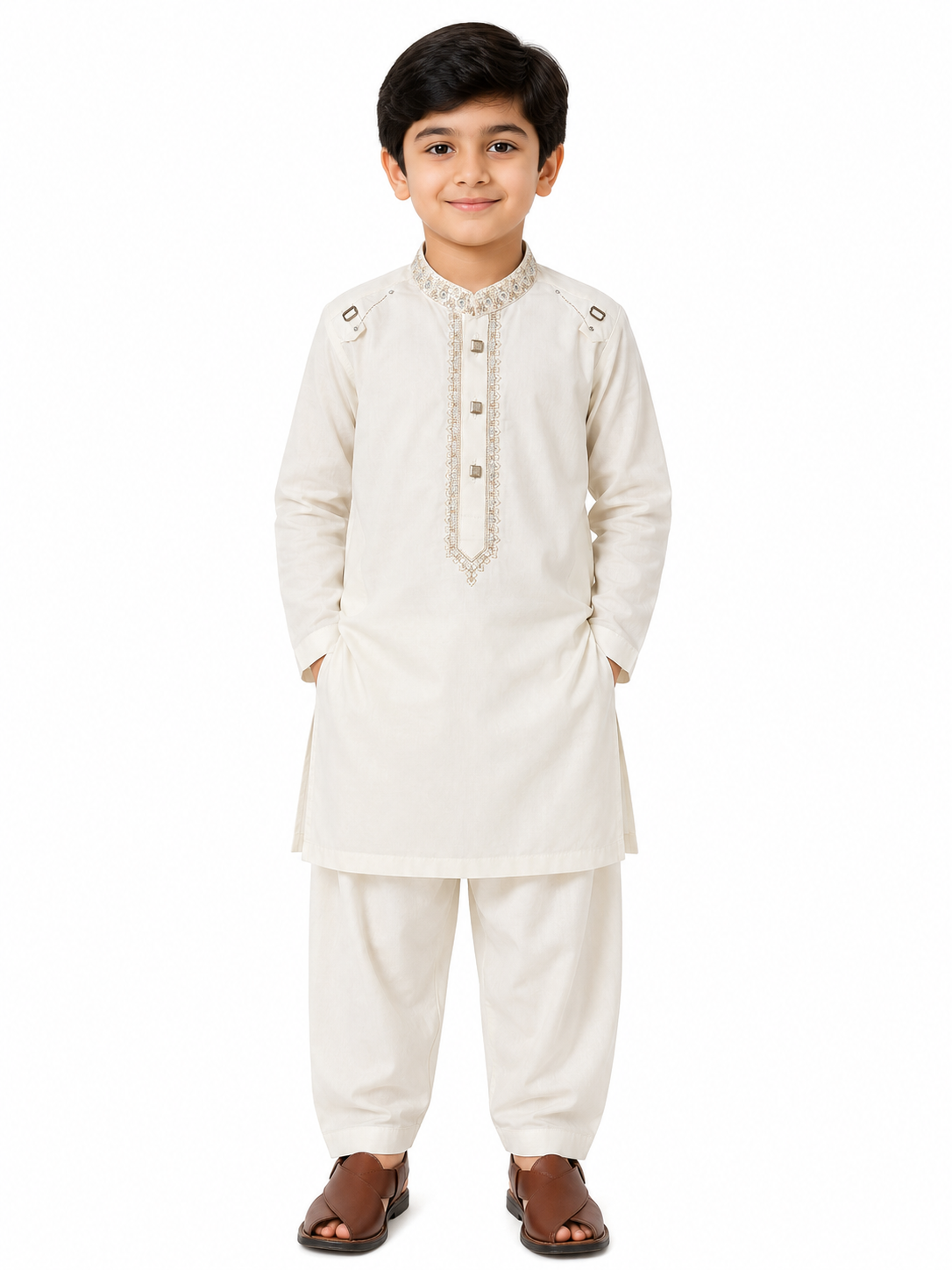 Cream Embroidery kurta Shalwar for Boys